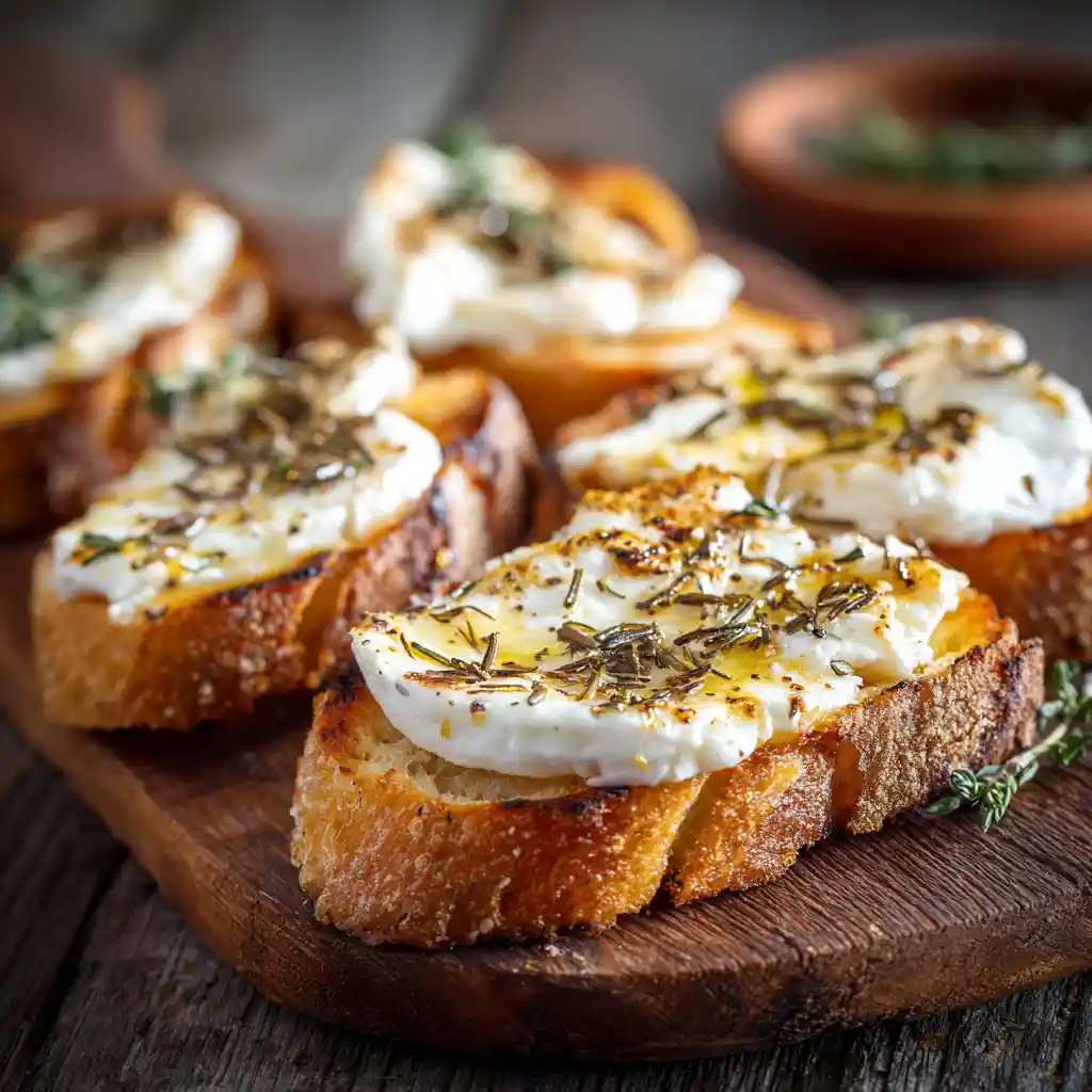 Portion de toast chèvre chaud servi en assiette avec salade verte, présentation élégante pour apéritif