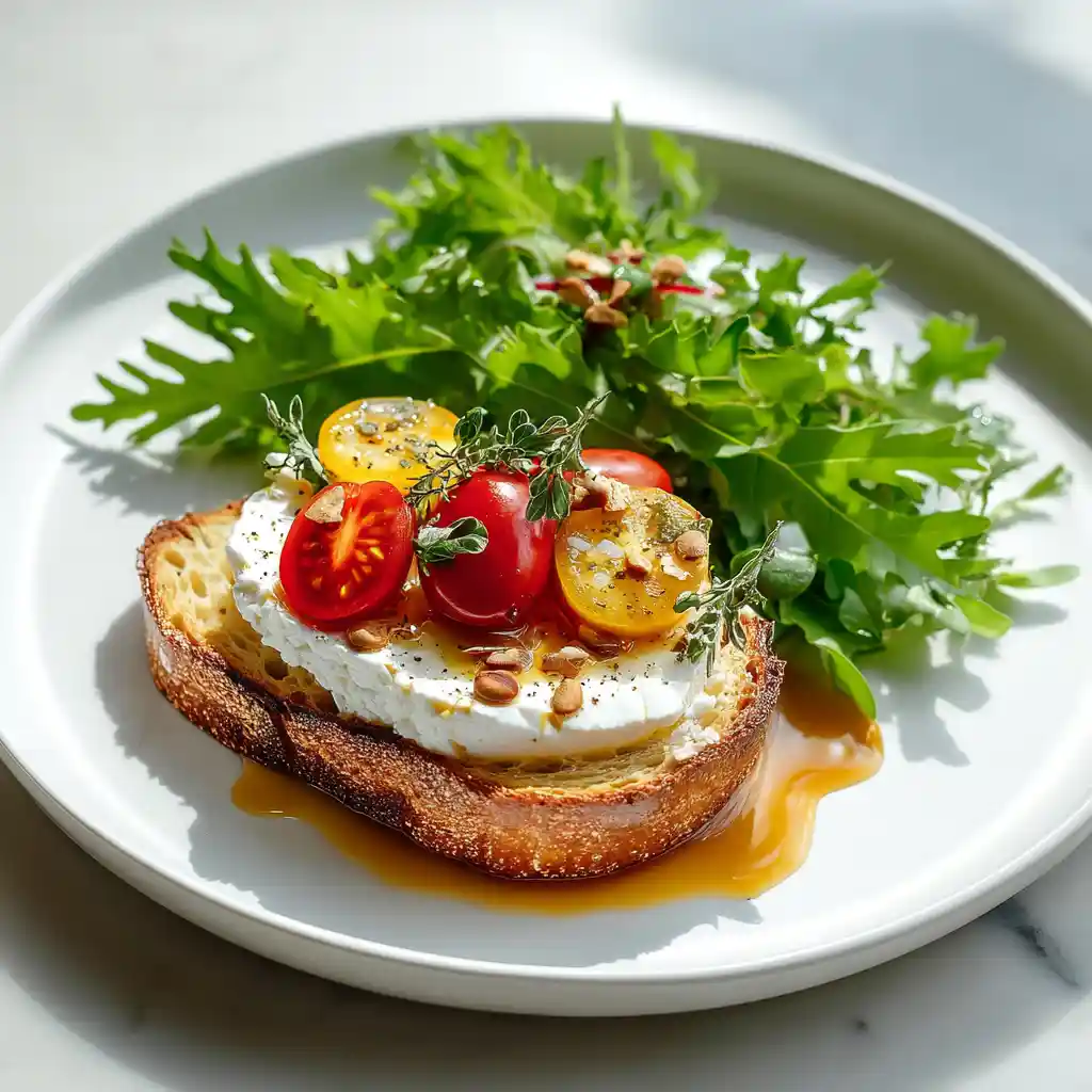 Toast chèvre miel de Chef Benoît élégamment dressé avec salade de feuilles de chêne et tomates cerises sur assiette blanche