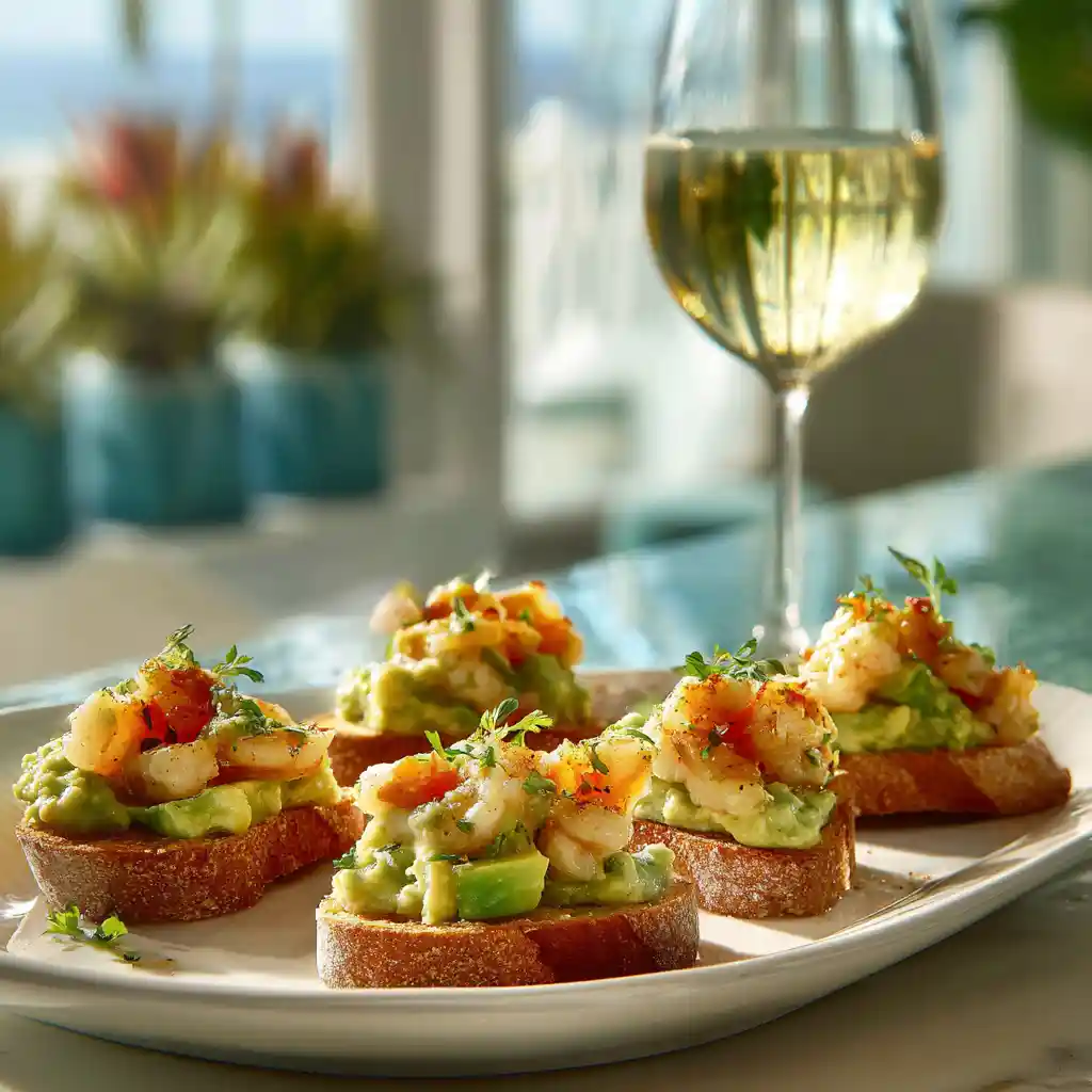 Assiette de toasts aux crevettes et guacamole joliment présentés pour un apéritif élégant