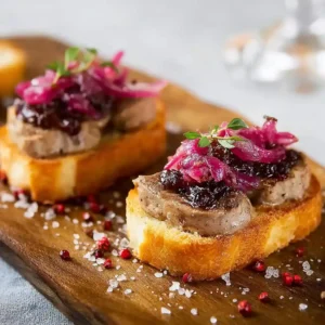 Élégant toast de foie gras au confit d'oignon rouge avec pain brioché grillé, foie gras de canard et confit d'oignon rouge sur planche rustique