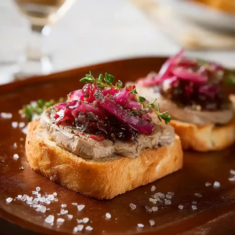Toast de foie gras au confit d'oignon rouge du Chef Benoît sur planche en bois, garni de baies roses et poivre noir