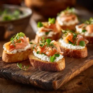 Apéritif toast au saumon fumé avec fromage à l'ail et fines herbes, présentation élégante