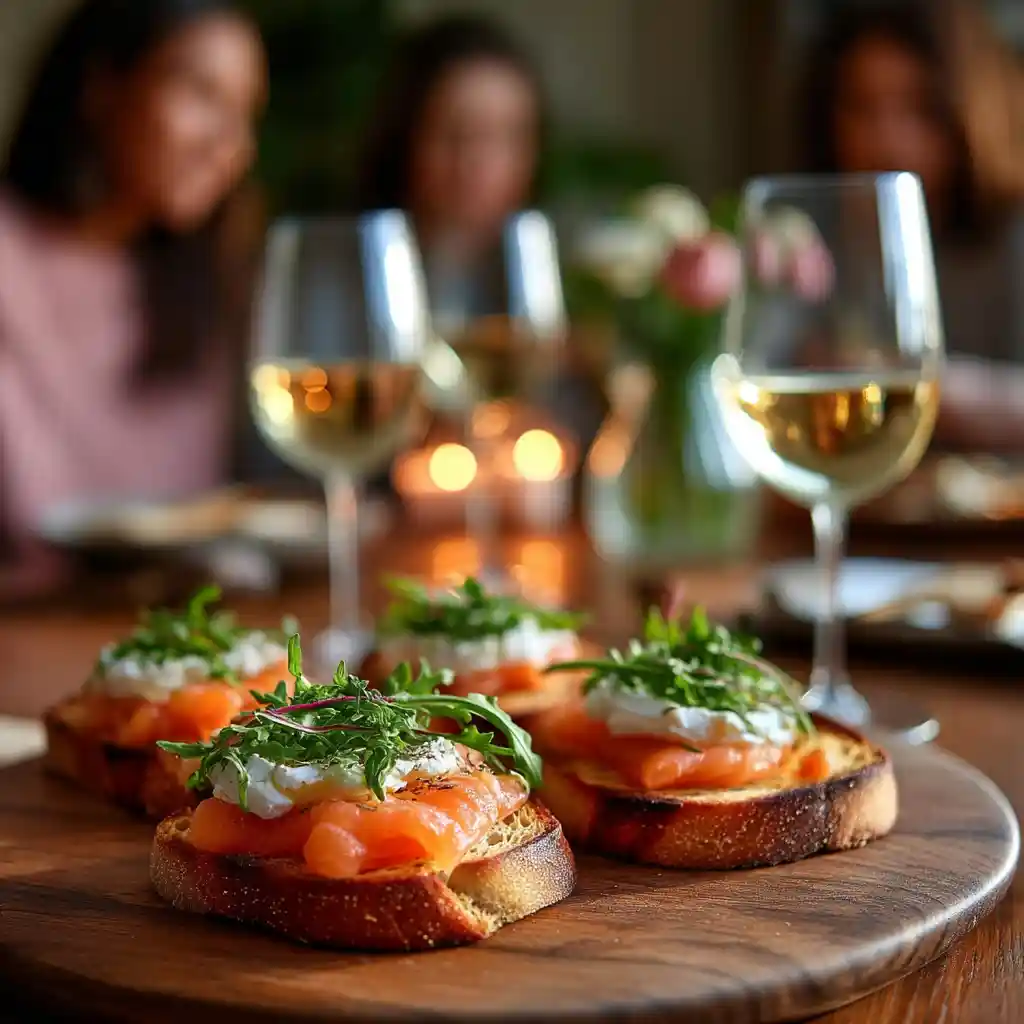Plateau d'apéritif avec toast saumon fumé servis sur planche, verres de vin blanc, ambiance conviviale