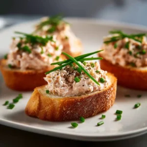 Toasts apéritifs au thon disposés sur plat blanc, garniture crémeuse au Boursin, parsemés de ciboulette et poivre noir