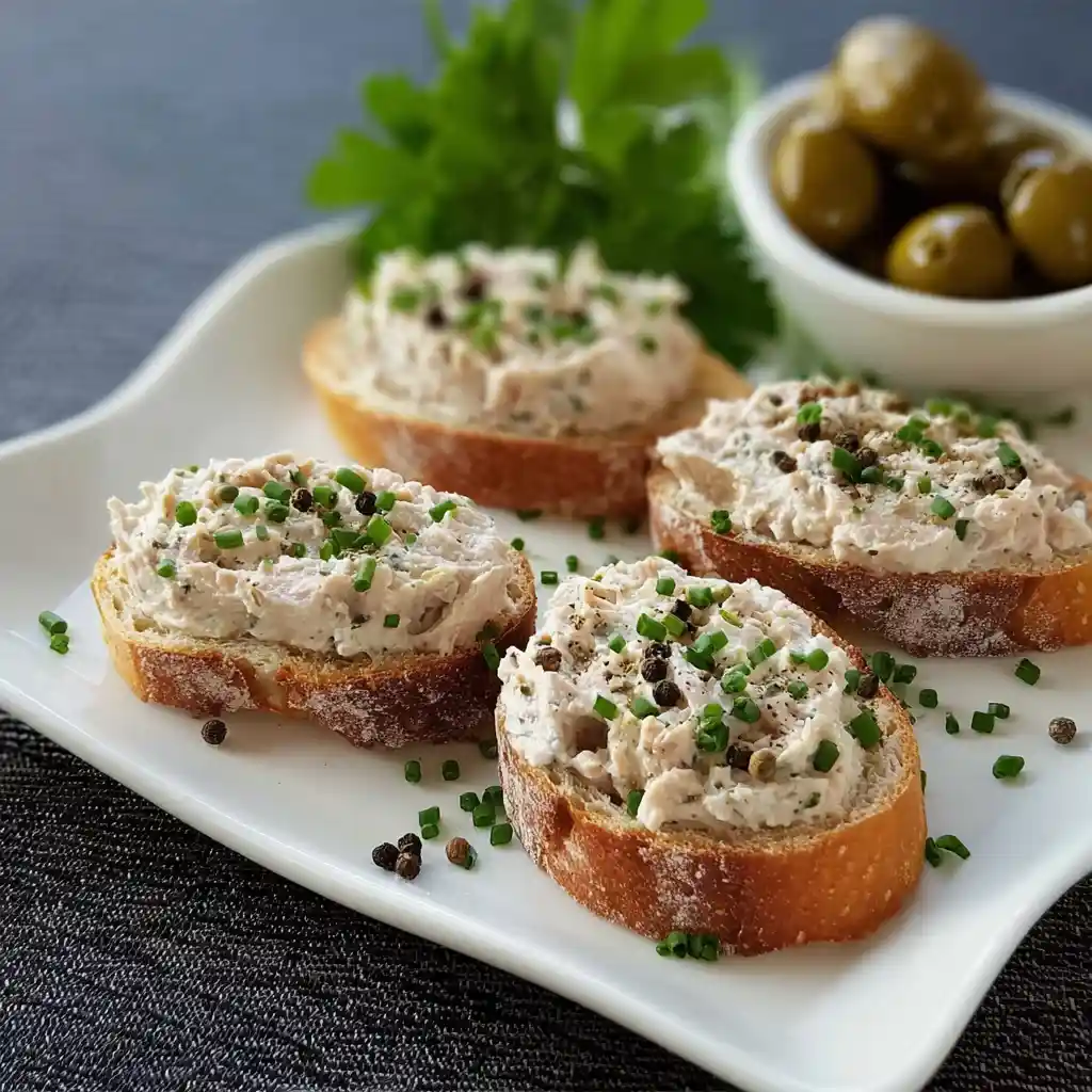 Toasts apéritifs au thon sur plat de présentation avec ciboulette fraîche, recette Chef Benoît Lambert