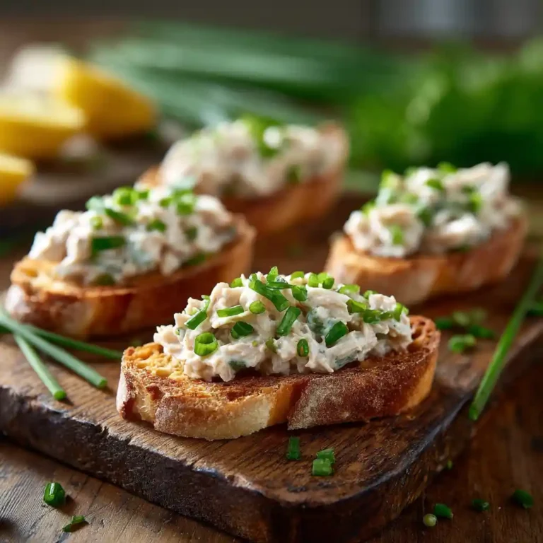 Toasts au thon mayonnaise dorés sur planche en bois avec ciboulette fraîche, recette authentique de Chef Benoît