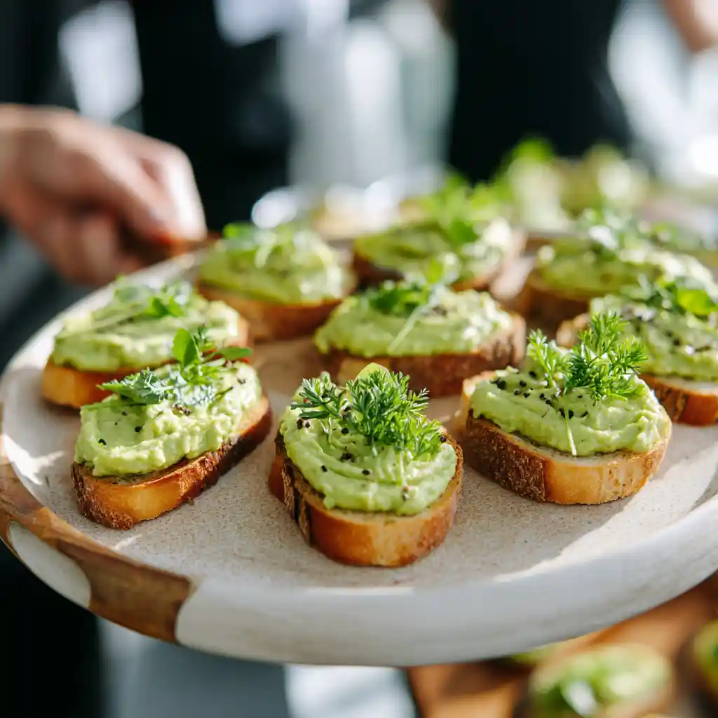 Assiette de toasts de mousse d'avocat servis lors d'un apéritif convivial