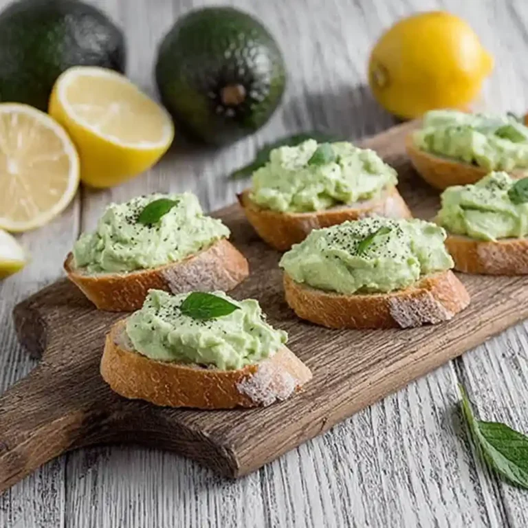 Toasts de mousse d'avocat disposés sur une planche en bois avec avocats frais et citron en arrière-plan
