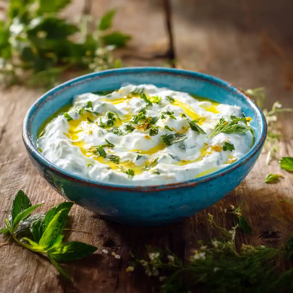 Bol de tzatziki maison crémeux avec concombre râpé, menthe fraîche et huile d'olive, recette authentique du Chef Benoît