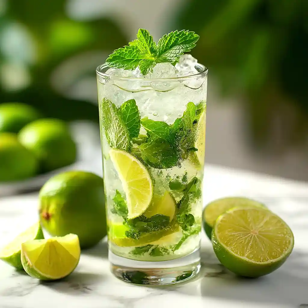 Virgin mojito méditerranéen aux herbes fraîches dans un verre highball avec glaçons, menthe et citron vert