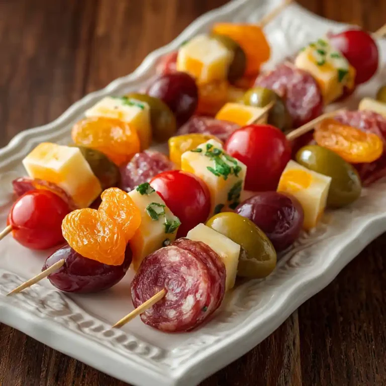 Amuse-bouche en mini brochettes colorés sur plateau avec tomates cerises, fromage, saucisson et olives