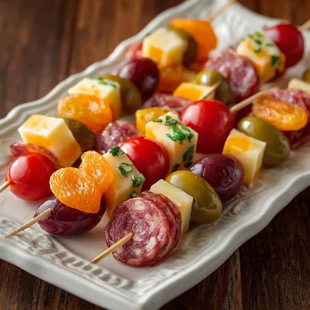 Amuse-bouche en mini brochettes colorés sur plateau avec tomates cerises, fromage, saucisson et olives