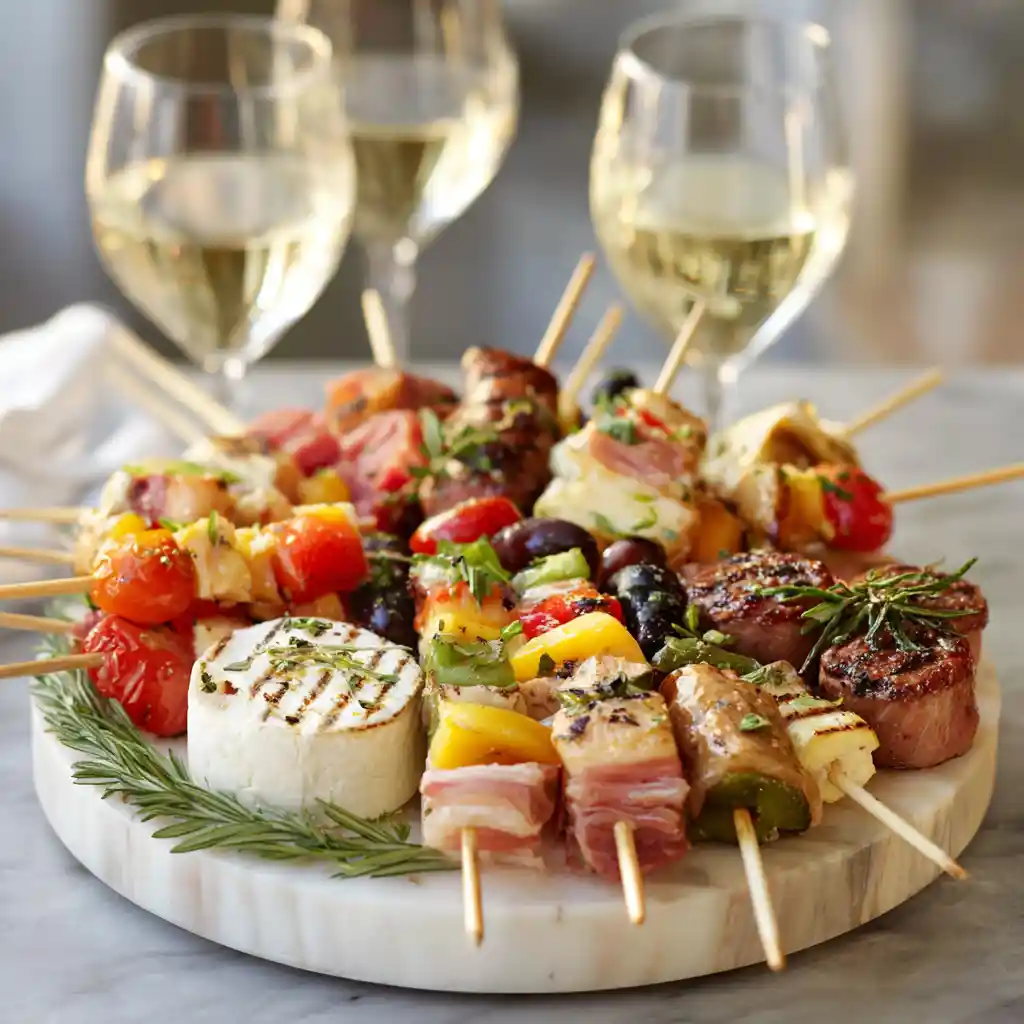 Plateau de service avec amuse-bouche en mini brochettes arrangés en cercle pour l'apéritif