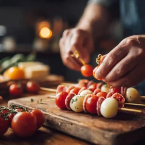 Mains assemblant des amuse-bouche en mini brochettes en enfilant les ingrédients sur piques