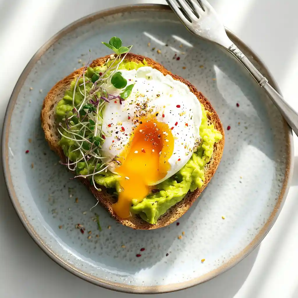 Portion d'avocado toast au Airfryer servie sur assiette blanche avec garniture