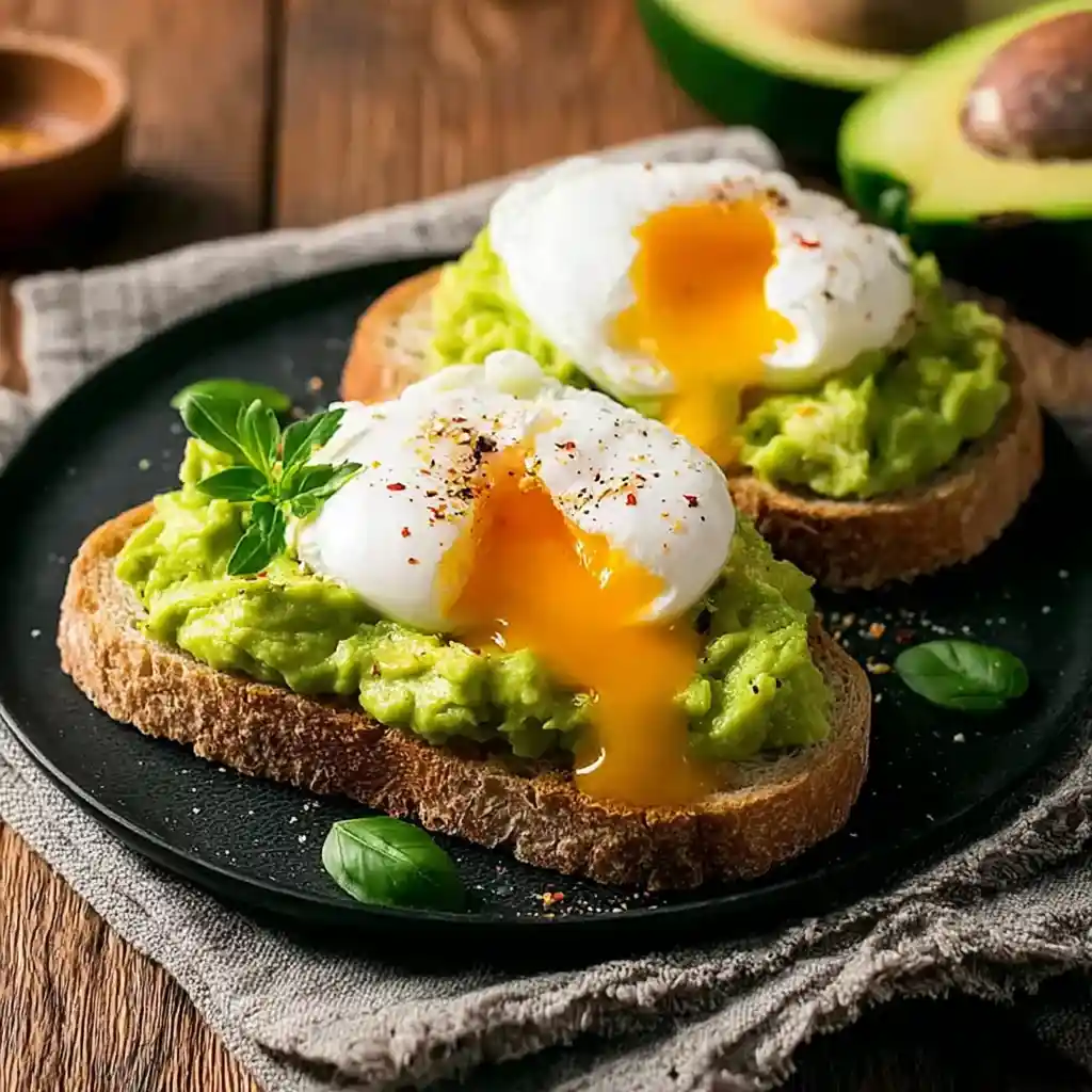 Avocado toast au Airfryer version minceur avec œuf coulant sur pain complet grillé