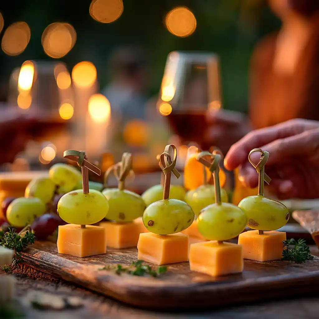 Brochettes apéritives mimolette-raisin servies lors d'un apéritif convivial avec verres de vin blanc