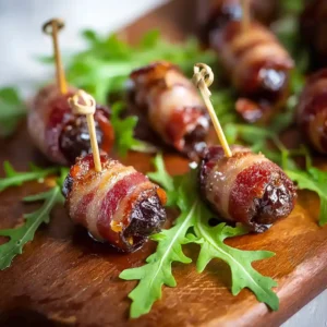 Brochettes de dattes au bacon dorées et croustillantes servies sur planche en bois, parfaites pour l'apéritif
