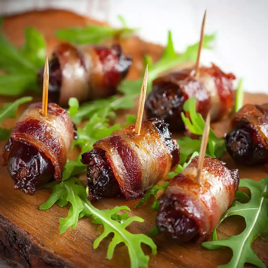 Brochettes de dattes au bacon dorées et croustillantes sur une planche en bois rustique, parfaites pour l'apéritif