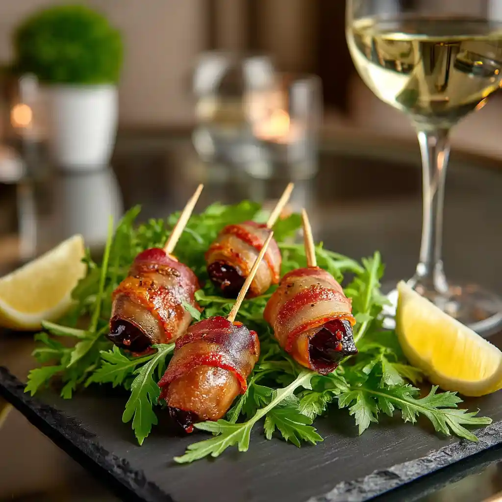 Assiette de service avec brochettes de dattes au bacon disposées élégamment, accompagnées d'un verre de vin blanc