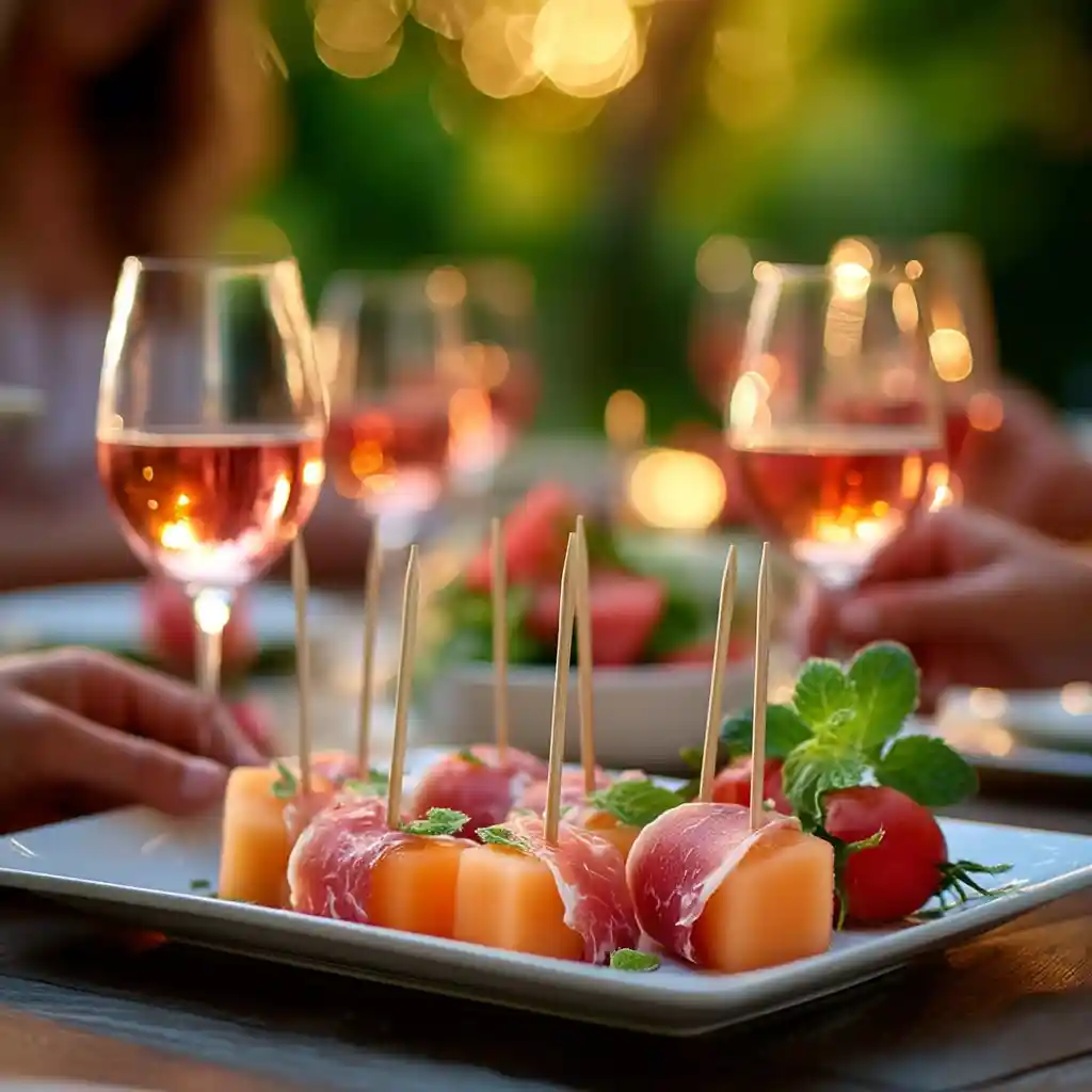 Plateau d'apéritif avec brochettes melon-jambon servies lors d'une réception estivale en extérieur