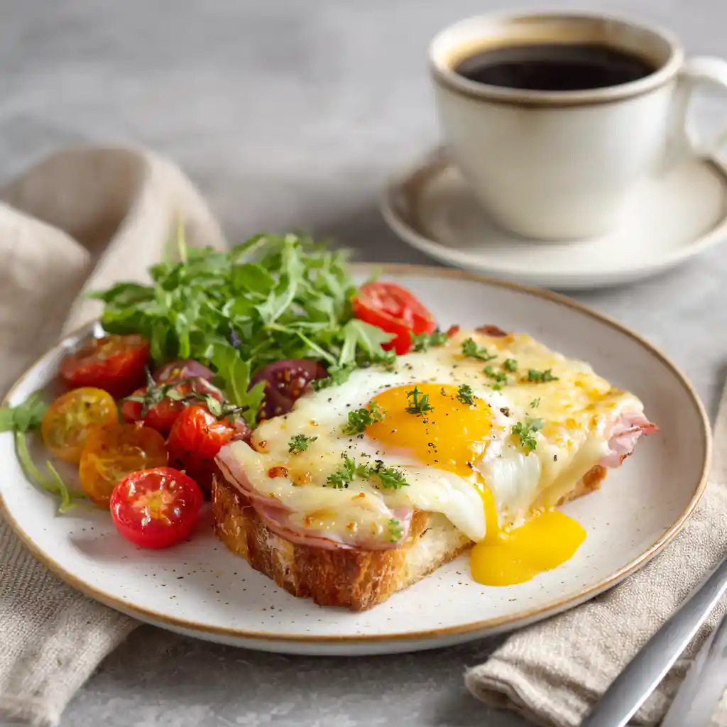 Assiette de egg boat toast au jambon servi avec salade verte et tomates cerises pour petit-déjeuner complet