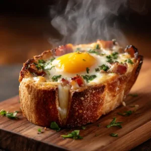 Egg boat toast au jambon servi chaud avec œuf coulant, jambon grillé et gruyère gratiné pour petit-déjeuner gourmand