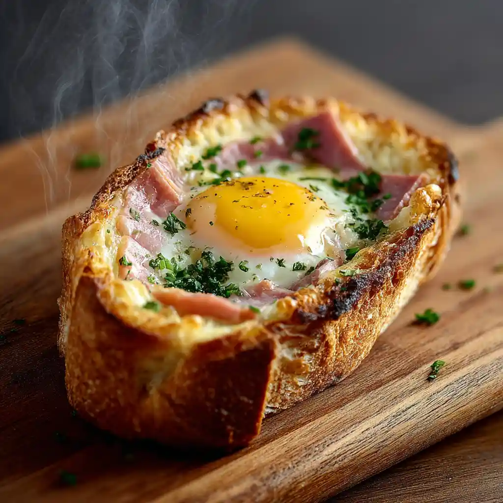 Egg boat toast au jambon fraîchement sorti du four avec fromage gruyère doré et jaune d'œuf coulant sur planche en bois