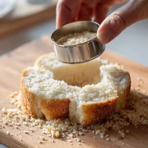 Main utilisant un emporte-pièce rond pour creuser le centre d'une tranche de pain de mie pour créer le bateau du egg boat toast au jambon