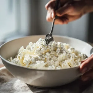 Préparation des sucettes de chèvre aux noix étape 1 : mélanger le fromage de chèvre frais dans un bol jusqu'à obtenir une texture crémeuse