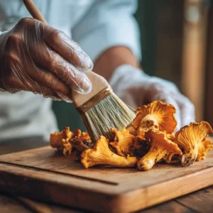 Mains nettoyant délicatement des chanterelles fraîches avec un pinceau de cuisine pour toasts aux champignons et au chèvre
