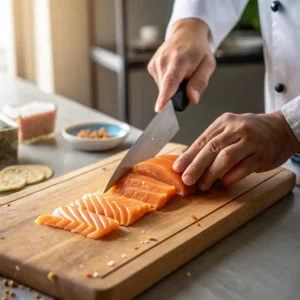Mains de chef coupant le saumon fumé en lanières pour sucettes burgers, technique de découpe