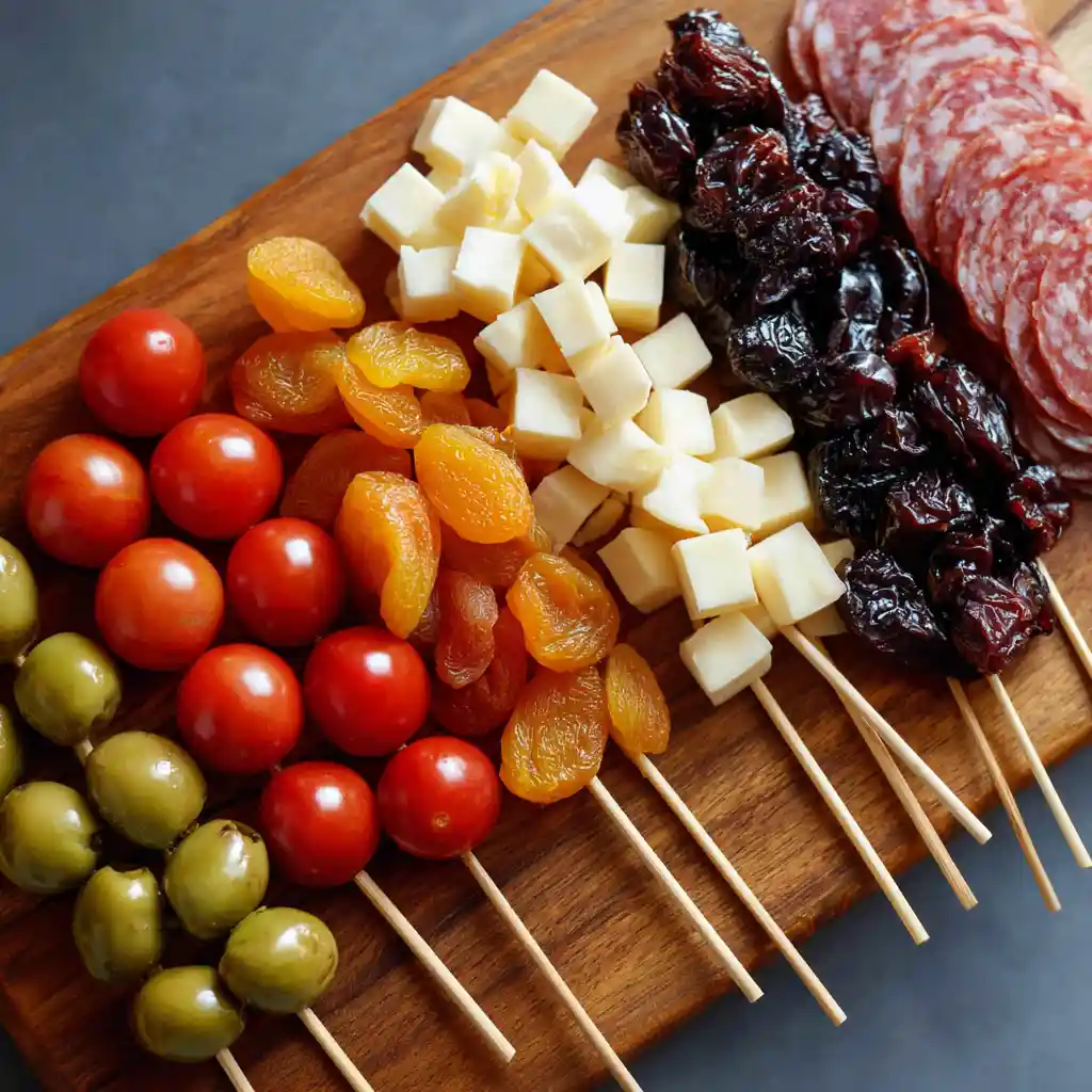 Ingrédients pour amuse-bouche en mini brochettes : tomates, fromage, saucisson, olives, fruits secs, piques