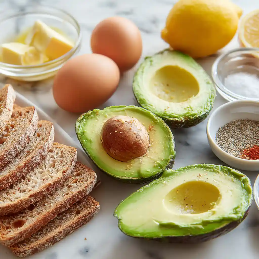 Ingrédients pour avocado toast au Airfryer : avocat, œuf, pain complet, épices
