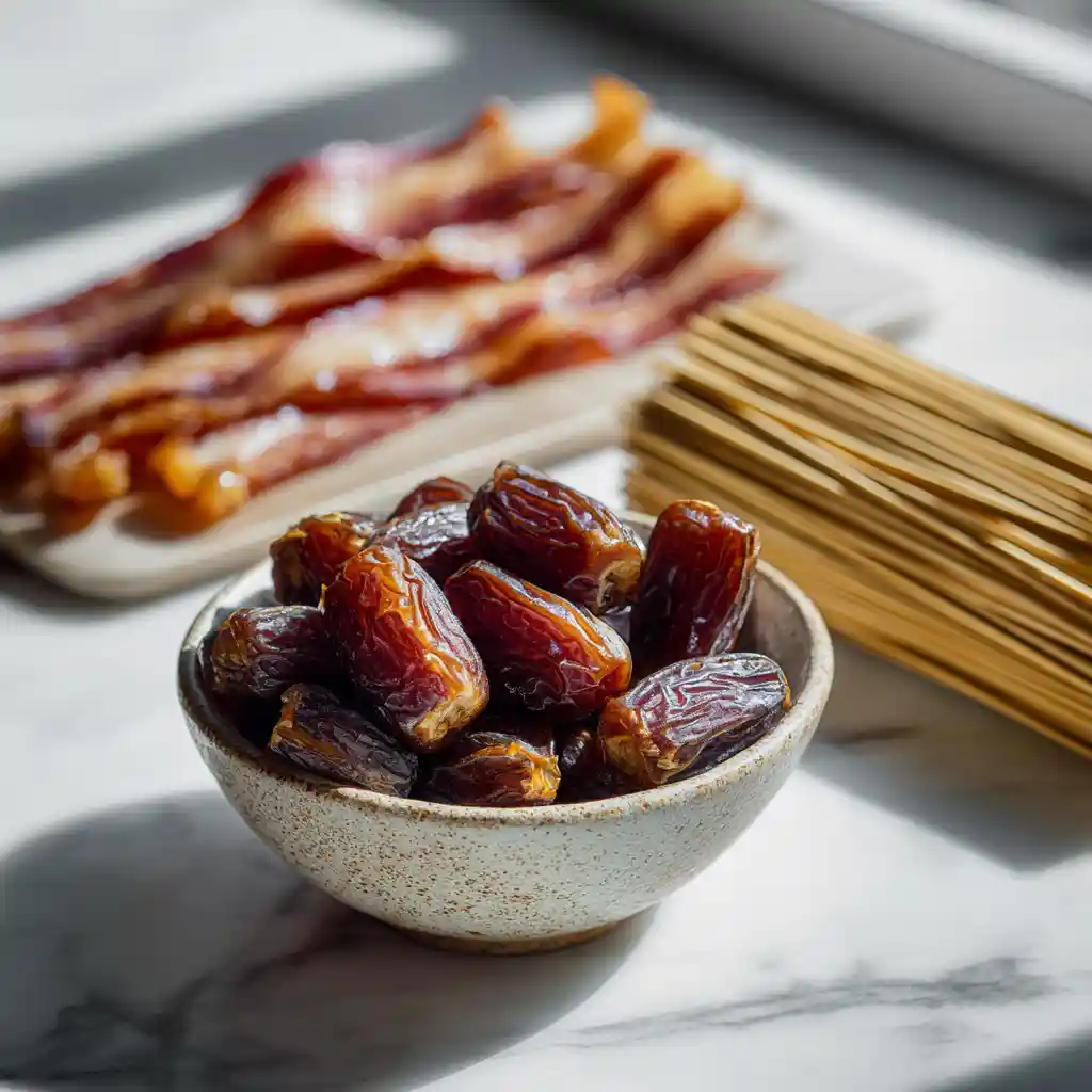 Ingrédients pour brochettes de dattes au bacon : dattes Medjool, tranches de bacon fumé et pics en bois sur fond clair