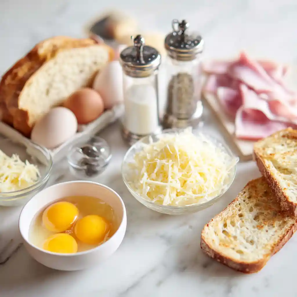 Ingrédients pour egg boat toast au jambon disposés sur table : pain de mie, œufs frais, jambon, gruyère râpé