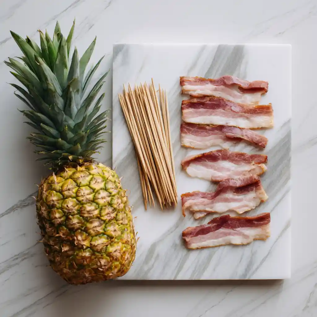Ingrédients pour mini brochettes ananas bacon : ananas frais, bacon et pics en bois sur planche de cuisine