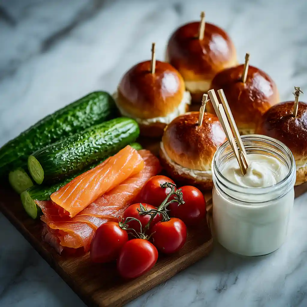 Ingrédients pour sucettes burgers disposés sur table: saumon fumé, petits pains, concombre, tomates, mayonnaise