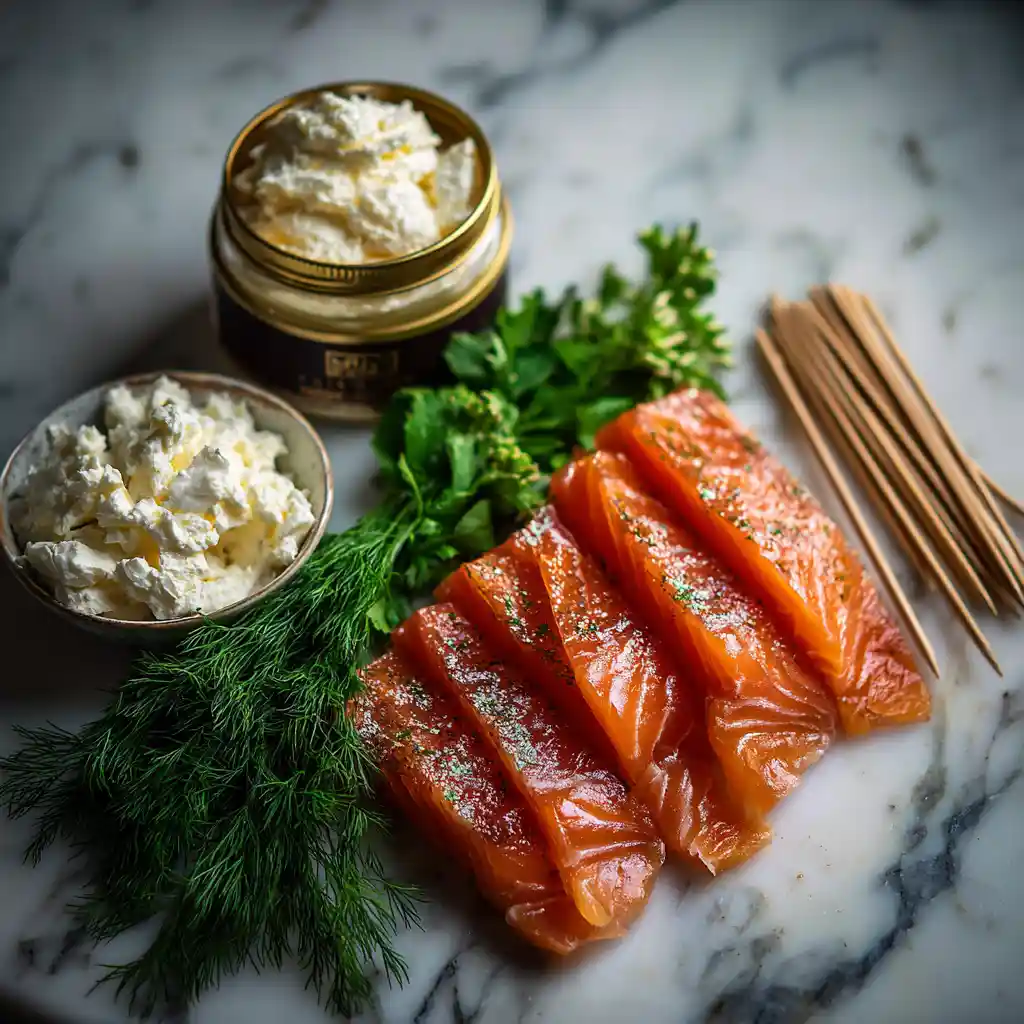 Ingrédients pour sucettes de saumon au fromage saumon fumé fromage frais aneth pics bois