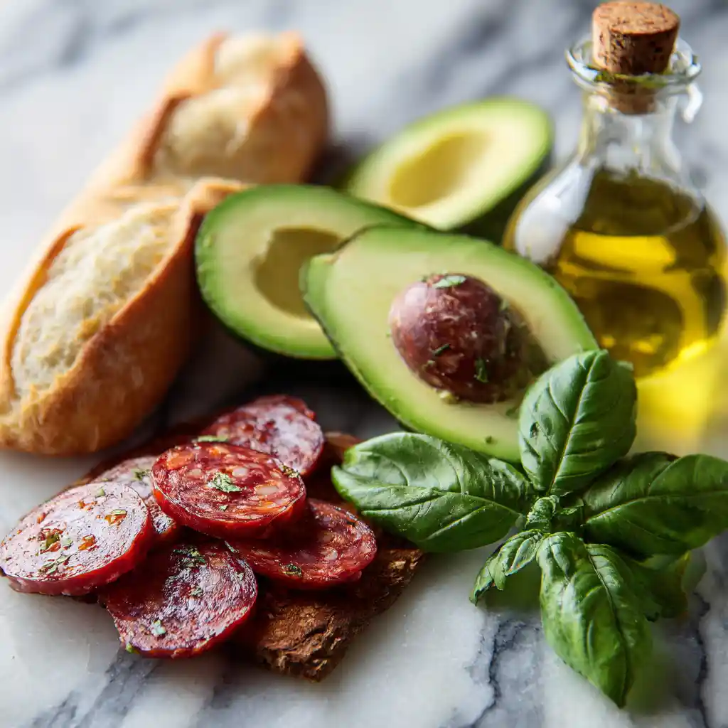 Ingrédients pour toasts apéritifs avocat et chorizo : baguette, avocats, chorizo, huile d'olive et basilic