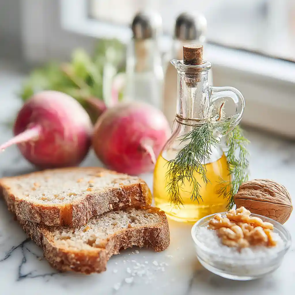 Ingrédients pour toasts betterave et noix : betteraves cuites, noix, pain de mie, aneth et huile de noix