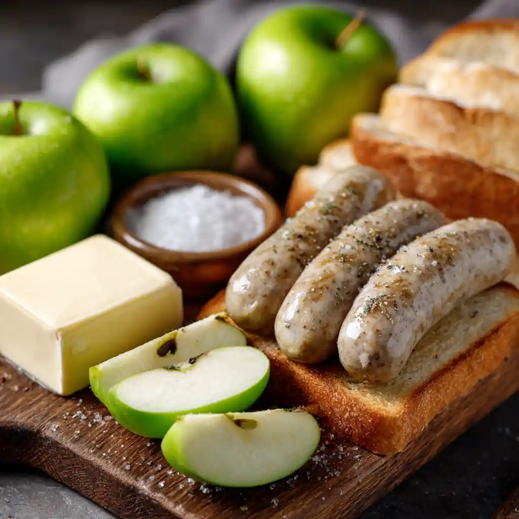 Ingrédients pour préparer des toasts de boudin blanc : boudin de Rethel, pommes, pain de mie et beurre