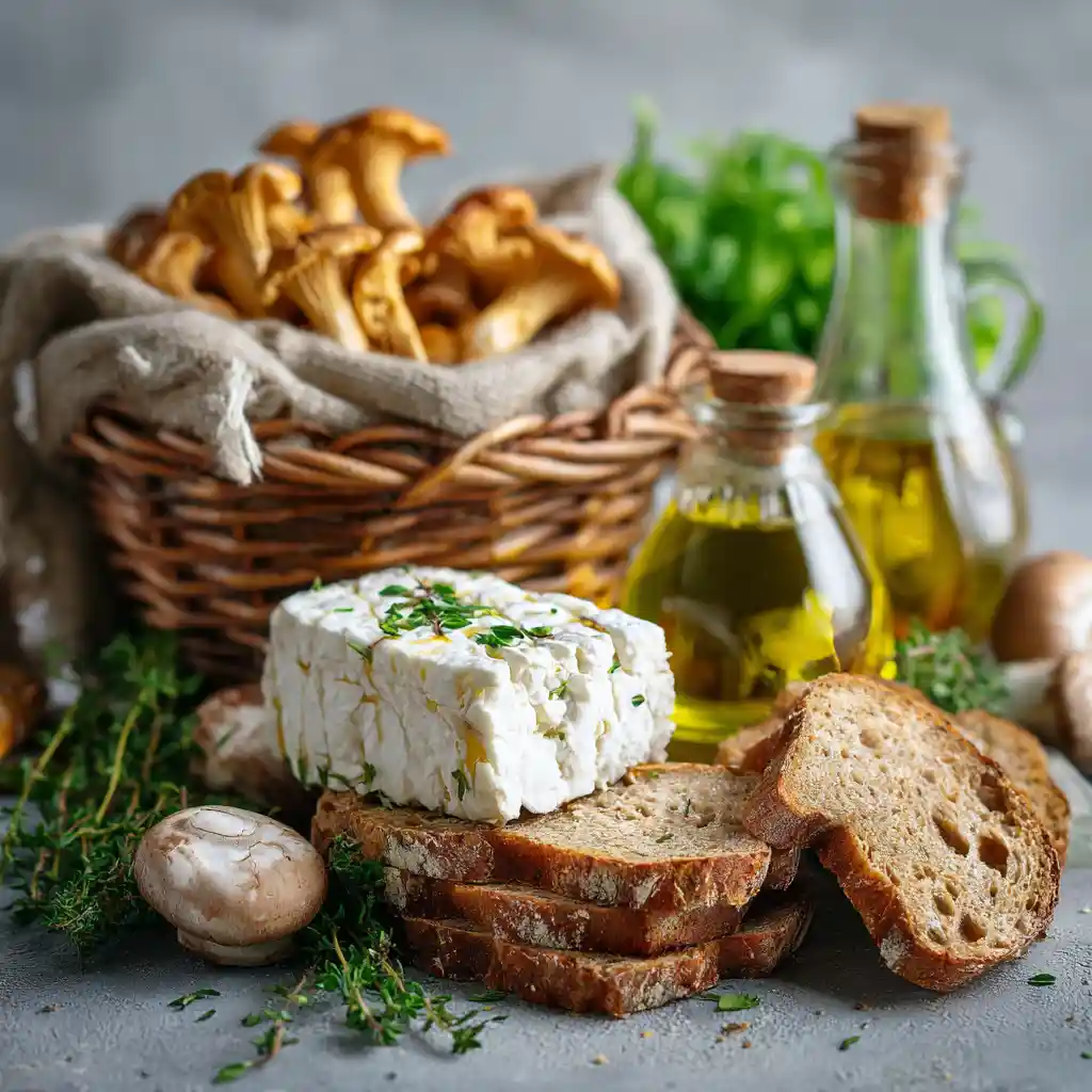 Ingrédients pour toasts aux champignons et au chèvre : chanterelles fraîches, fromage de chèvre, pain aux céréales, huile d'olive et herbes