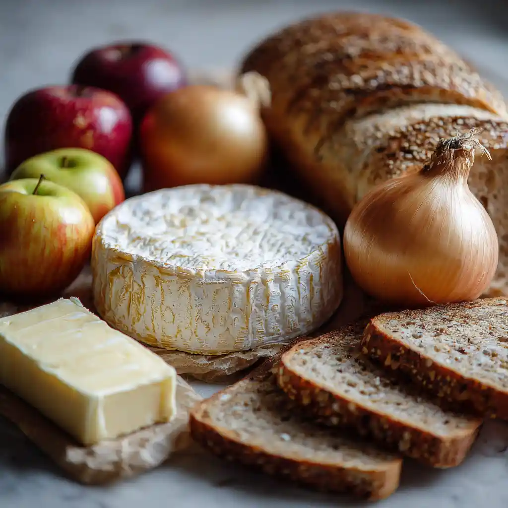 Ingrédients pour toasts normands au camembert - camembert AOP, pommes Golden, oignons, beurre et pain de mie