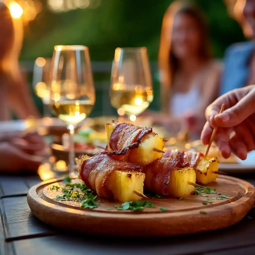 Plateau de mini brochettes ananas bacon servies lors d'un apéritif avec des invités
