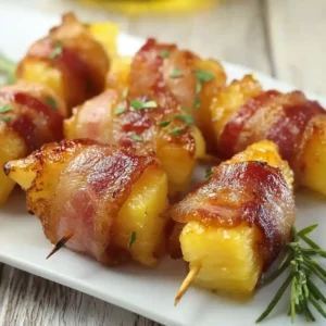 Brochettes d'ananas enrobées de bacon caramélisé servies chaudes sur plat blanc, apéritif maison