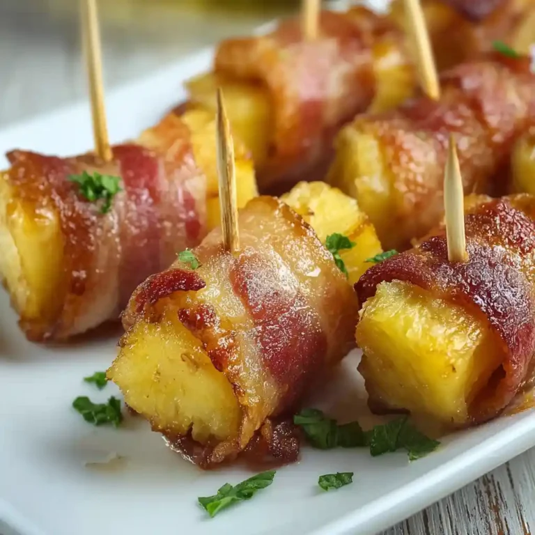 Mini brochettes ananas bacon dorées et croustillantes disposées sur un plat de service blanc