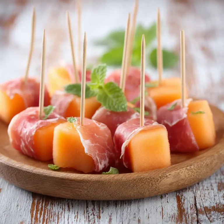 Minis brochettes melon-jambon disposées sur planche en bois, apéritif estival frais et coloré