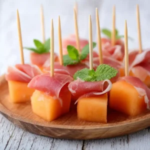 Minis brochettes melon-jambon disposées sur planche en bois