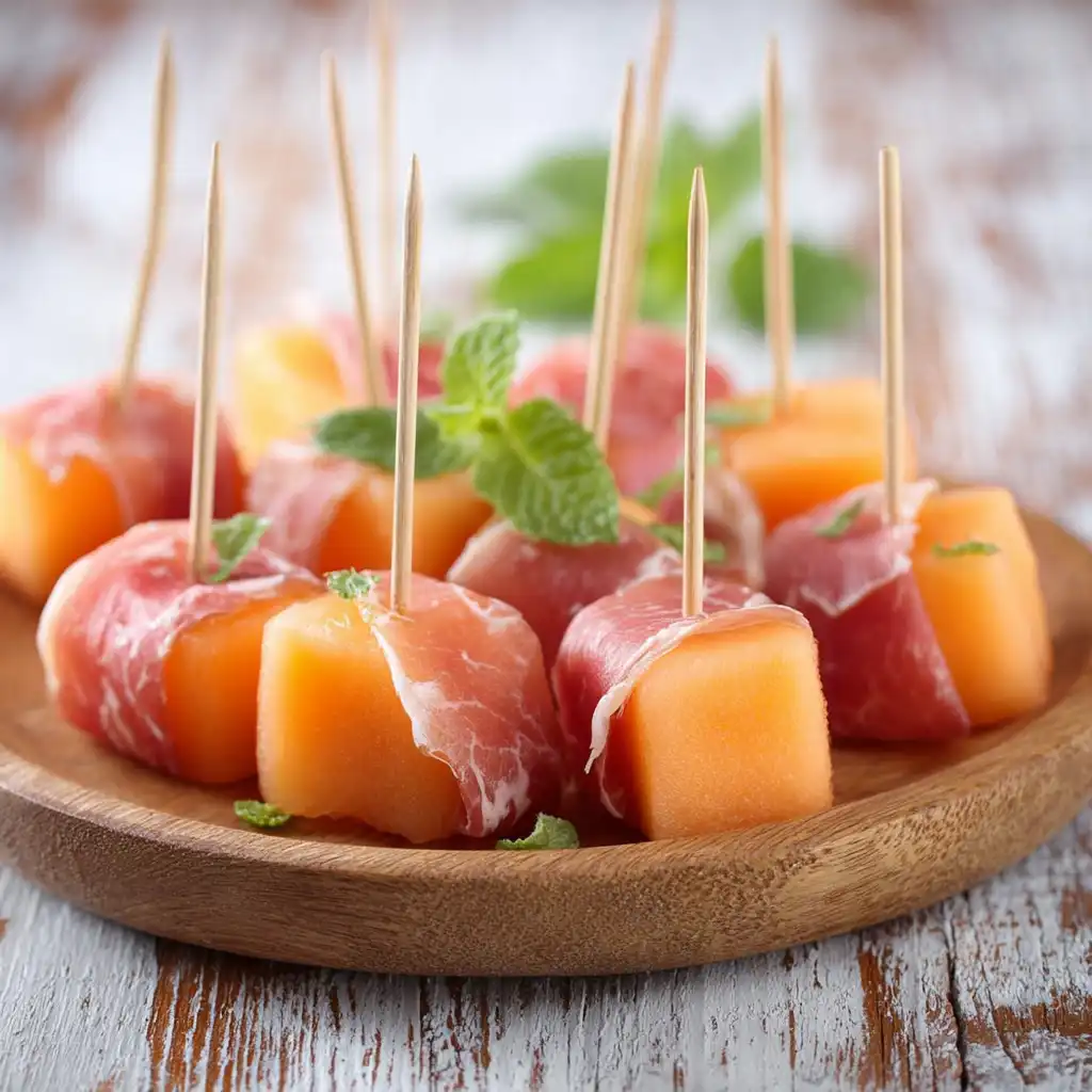 Minis brochettes melon-jambon disposées sur planche en bois, apéritif estival frais et coloré